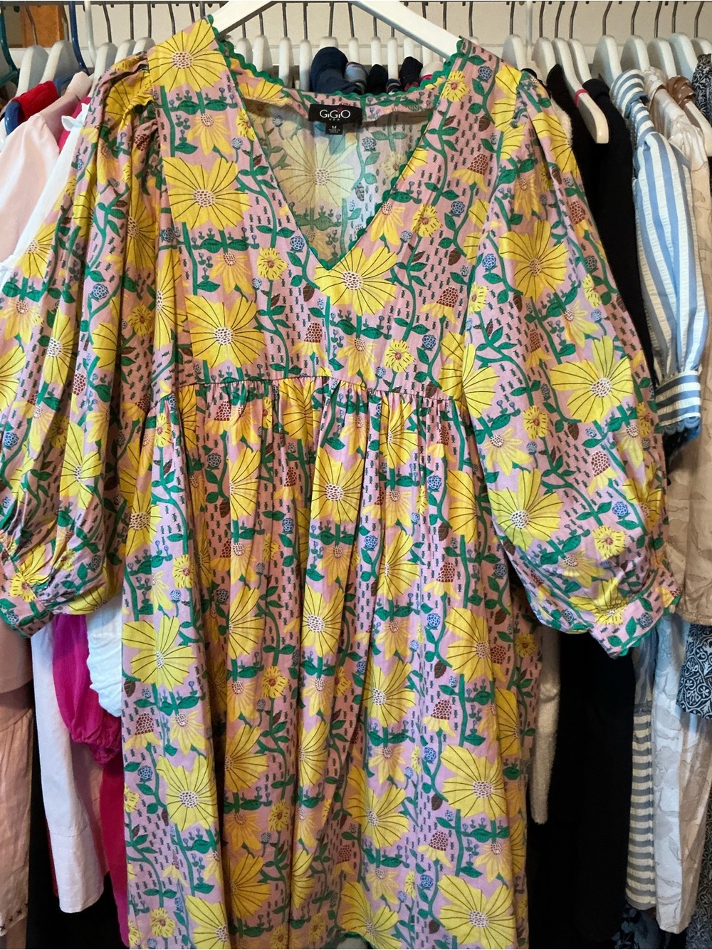 GGO BOHO Floral V-Neck Puff Sleeve Women's Dress in Yellow and Pink size med